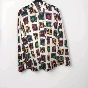 IKE BEHAR Mens Medium Multicolor Button Up Shirt Long Sleeve Camp Abstract Art *